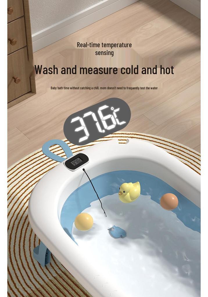 Foldable Baby Bathtub with Thermometer for Ages 0-3, Large Size Children's Stand-up Bath Tub