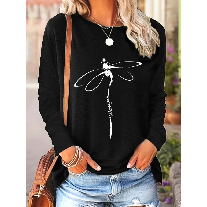 Spring and Autumn New Positioning Dragonfly Print Round Neck Long Sleeve Loose Casual Women's Top
