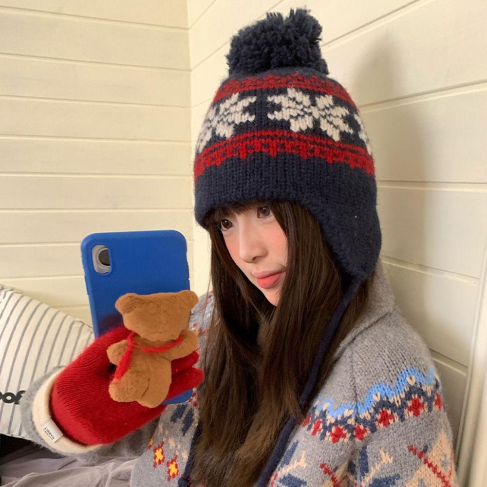 Warm Knitted Pullover Hat Korean Style Beanies Cap Sweet Jacquard Woolen Hat Autumn
