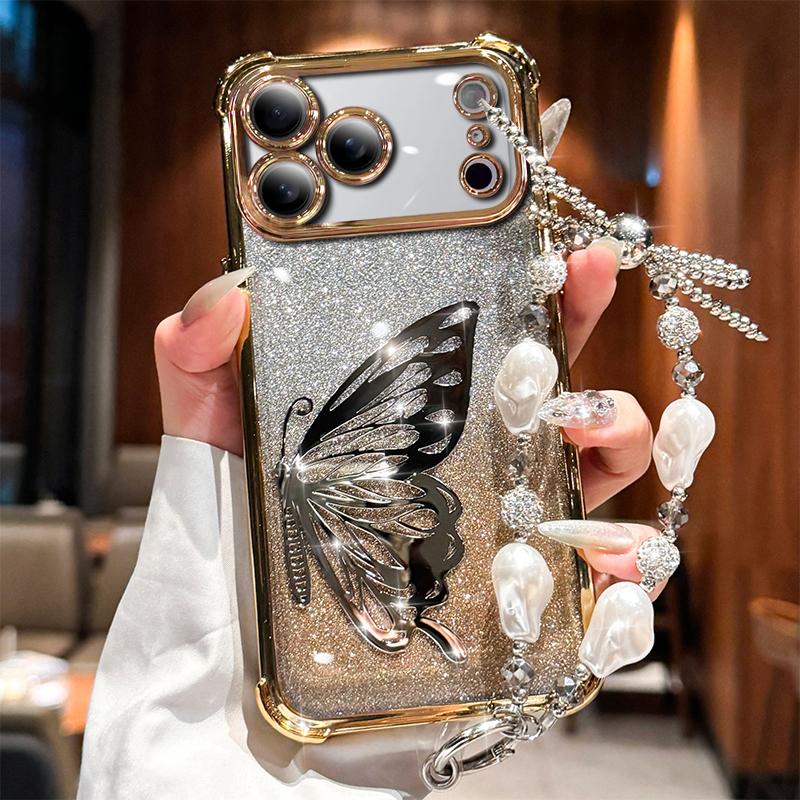 

Laser Butterfly Glitter Shockproof Plating Bracelet Case for iPhone 17 Air 16 16E 15 14 Plus 13 12 Mini 11 Pro XS Max Cover iPhone 14 Plus золотой