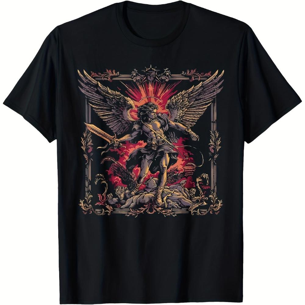 

Men s Archangel Michael Catholic Graphic T-Shirt 180gsm Cotton Religious Tee Sword Flames Design Christian Apparel for Men S разноцветный