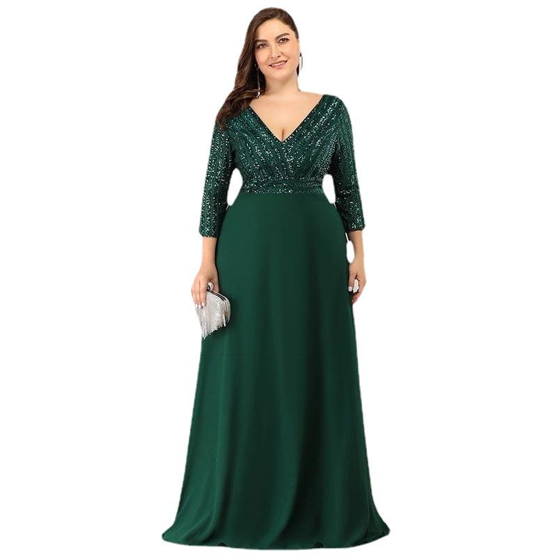 Elegant Plus Size Sequined V-Neck Chiffon Evening Dress with Mid Sleeves and Swing Skirt