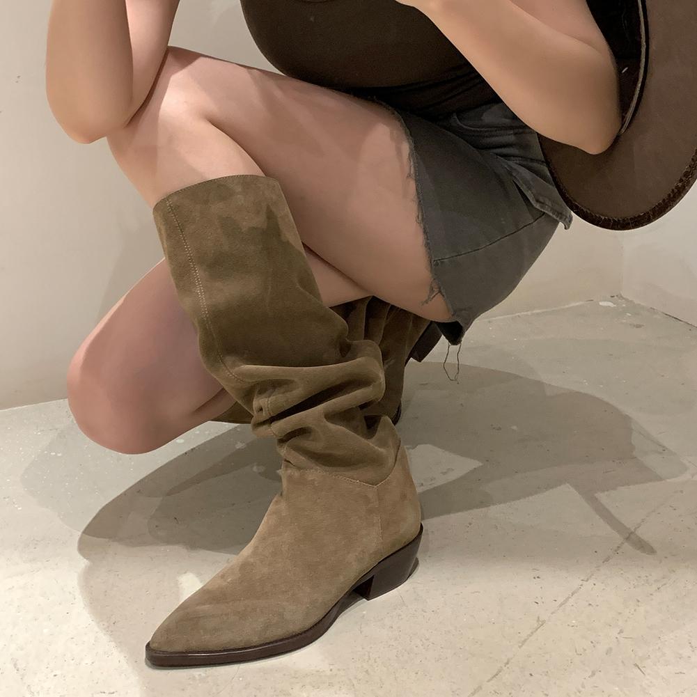 Fashion 2025 New Kid Suede Retro Women Boots Autumn Winter Slip-On Boots for Women Pointed Toe Square Heel Basic Shoes Knee-high boots
