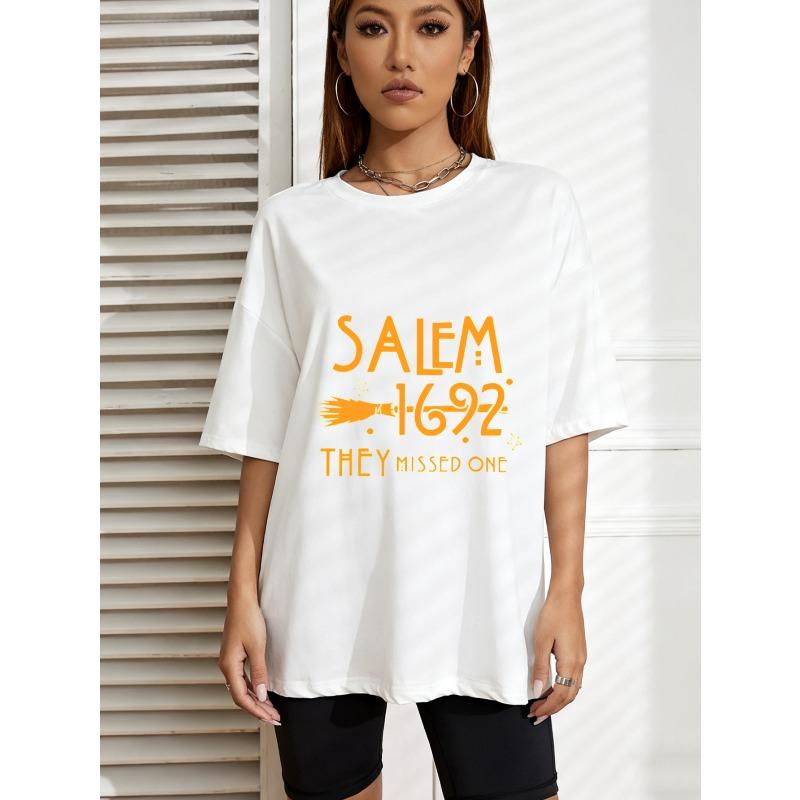 White Oversized T-Shirt Salem 1692 They Missed One Witch Broom Print Casual Summer Top For Women And Girls