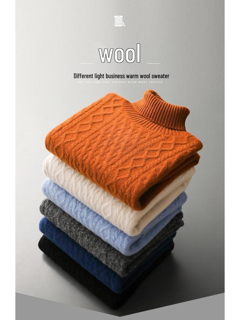 Męski sweter z czystej wełny z wysokim golfem - Jesienno-zimowa dzianinowa warstwa bazowa w stylu business casual