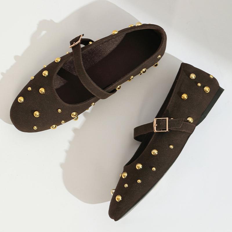 Round Toe Rivet Mary Janes Shoes Women Spring Autumn Buckle Strap Ballet Flats Shoes Female Elegant Daily Loafers Footwear