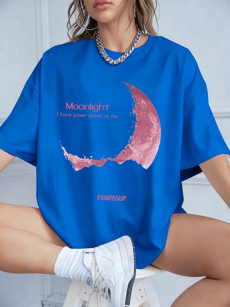 Plus Beautiful Moonlight Prints T-Shirts Womens Summer Cotton Short Sleeve T Shirt O-Neck Comfortable Loose Tops Casual Clothes