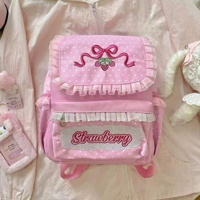 Sweet Strawberry Bow Embroidered Lace Lolita Backpack Waterproof Nylon Kawaii Casual Bag