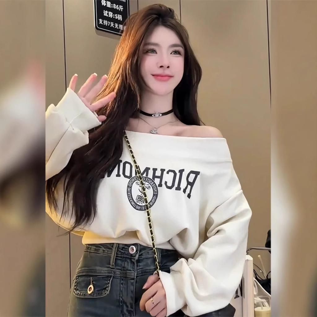 Early Fall Atmosphere Outfits One-shoulder Sweatshirt for Women Loose Short Design Niche Top for Women