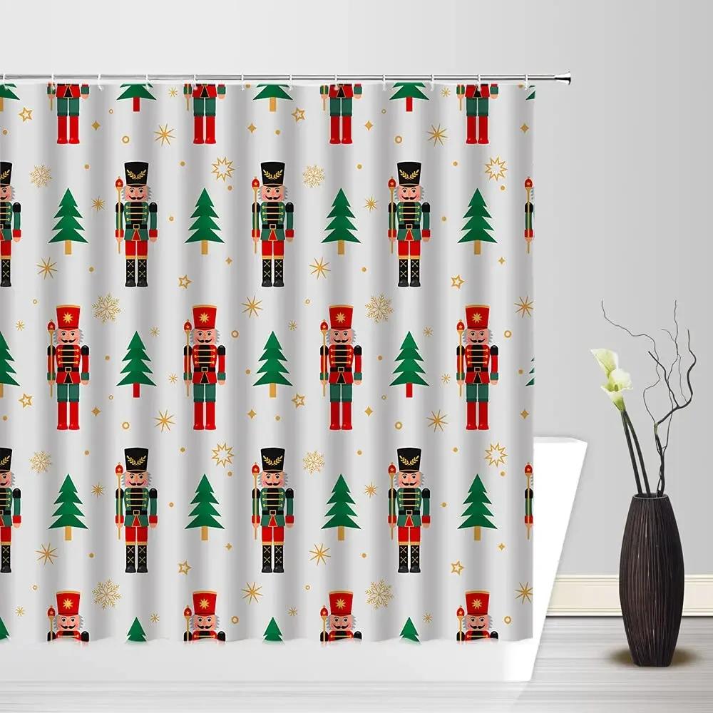 Christmas Nutcracker Shower Curtain, Christmas Tree Snowman Bathroom Curtain Decoration Set With Hook Fabric Christmas Gift