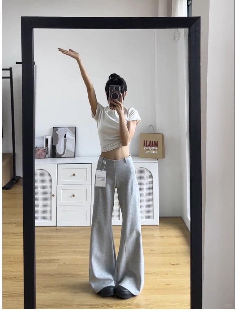 Gray Women's Micro-Flare Sweatpants, 2026 Spring Collection: Wide-Leg, Plus Velvet, Petite & Thick, Casual Sports Pants
