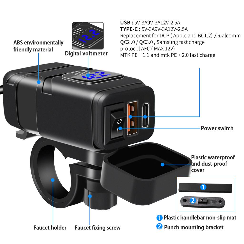 Motorcycle USB Type C Fast Charging QC3.0 with Voltmeter ONCelsiusOff for Phone Tablet