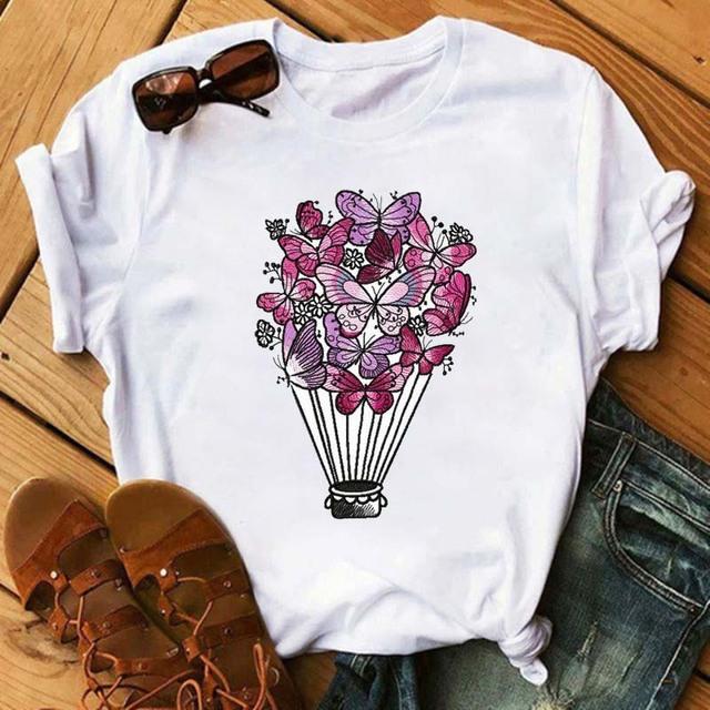 

Fashion Flower Graphic Print Ladies T-Shirt 90S Summer Loose Short Sleeve Blouses Round Neck Female Tops Harajuku Tees XXXL білий