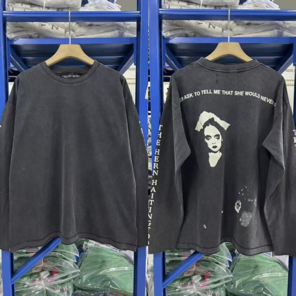 ERD Retro Wash Letter Print Drop Shoulder Long Sleeve T-shirt for Men