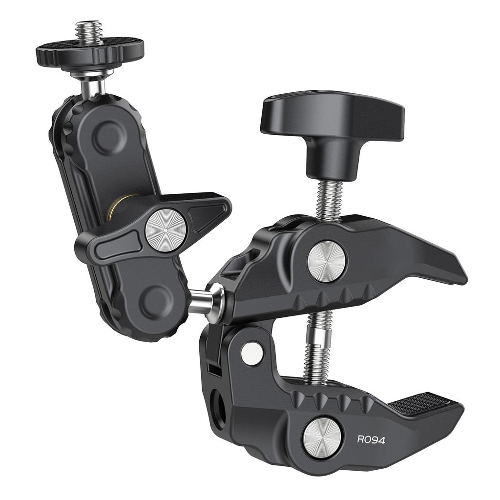 R094 Multi-functional Super Clamp   Mount Clamp Dual 360 degrees  Rotatable  head Aluminum Alloy with 1Celsius4 Inch Screw 3Celsius8 Inch Thread