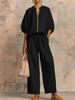 Women's Pink Short Sleeve V-Neck Zipper Front Drawstring Waist Wide Leg Pants Set