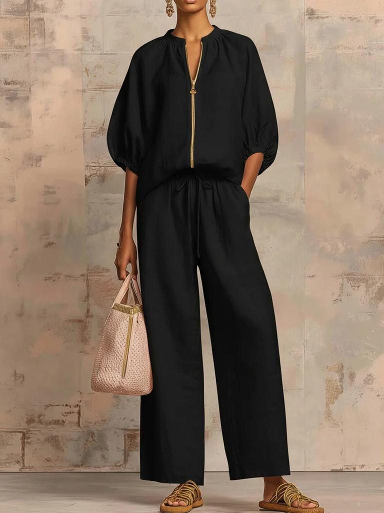 Women's Pink Short Sleeve V-Neck Zipper Front Drawstring Waist Wide Leg Pants Set