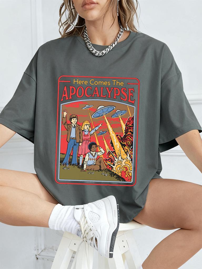 Here Comes The Apocalypse Ufo Prints TShirts Womens Summer Cotton Short Sleeve Tops Loose ONeck Soft T Shirt Street Clothes