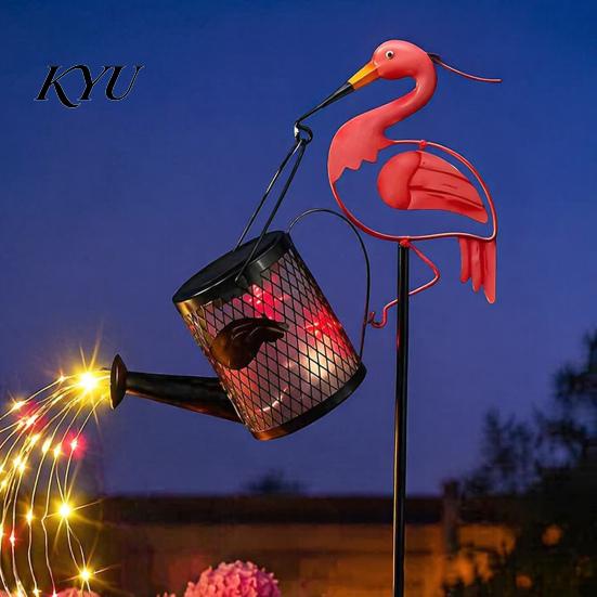 Outdoor Waterproof Metal Yard Decor Solar Flamingo Watering Can Light, Powered LED Garden Fairy Tale Patio Ornament Pathway Light with Stake for Lawn