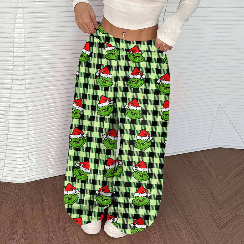 Damen Casual Weihnachten Print Elastischer Bund Lockerer Schnitt Mit Plüsch Weites Bein Hose