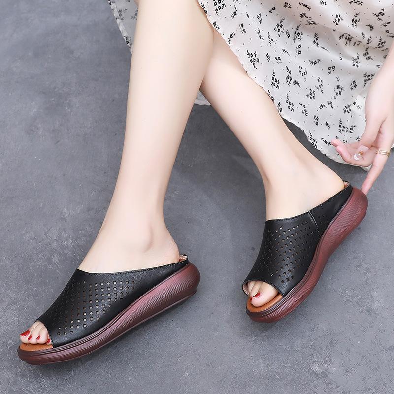Fashion GKTINOO Summer Plus Size Platform Slippers Women Genuine Leather Open Toe Wedge Sandals Women Thick Sole Slides Zapatillas Mujer
