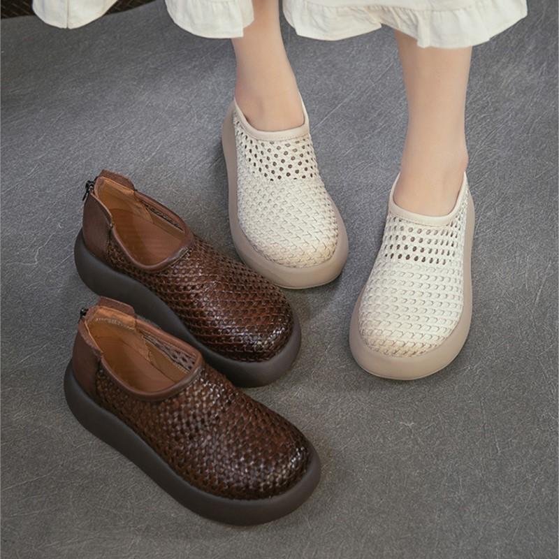 Johnature Retro Hollow-out Breathable Woven Genuine Leather Thick Soled Sandals Simple Women's Platform Shoes