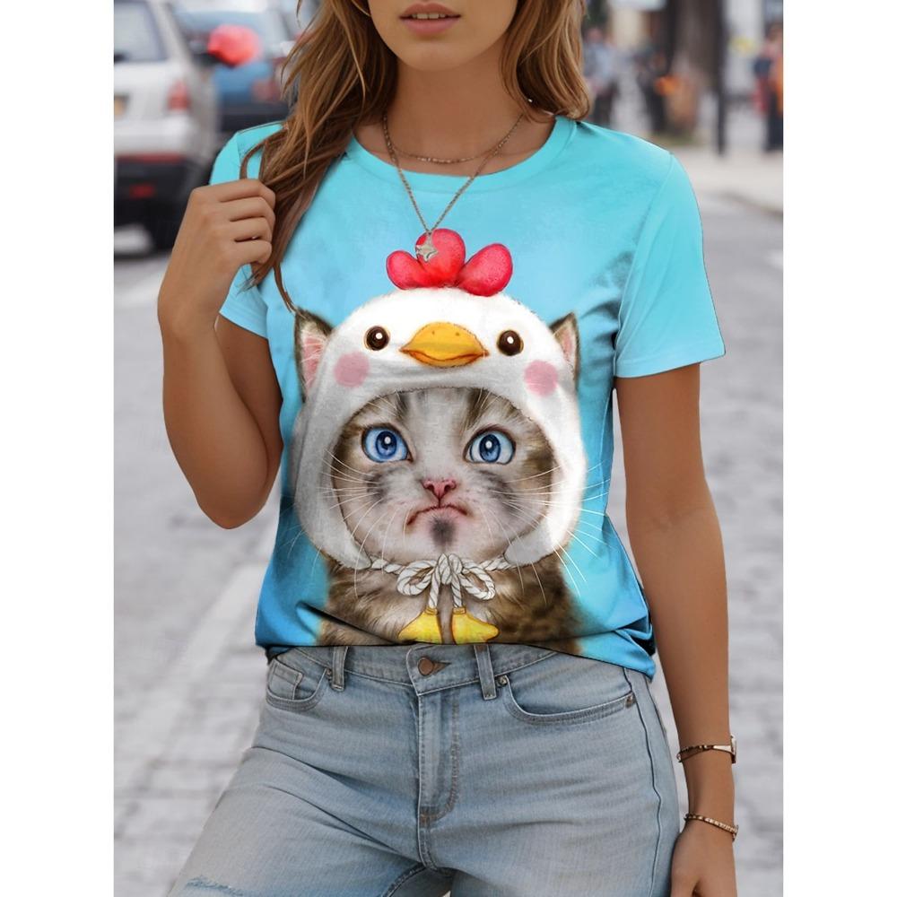 Söt kattmönster 3D-tryckt T-shirt dam sommar O-hals kortärmad topp street lös