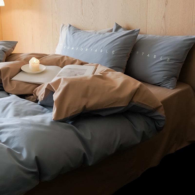 

100S Cotton Abraded Four-Piece Set, High-Count Warm And Thickened Pure Cotton Quilt Cover, Bed Sheet, Mattress, Simple Embroidery 1.2m 3pc(quilt cover 150 * 200cm)