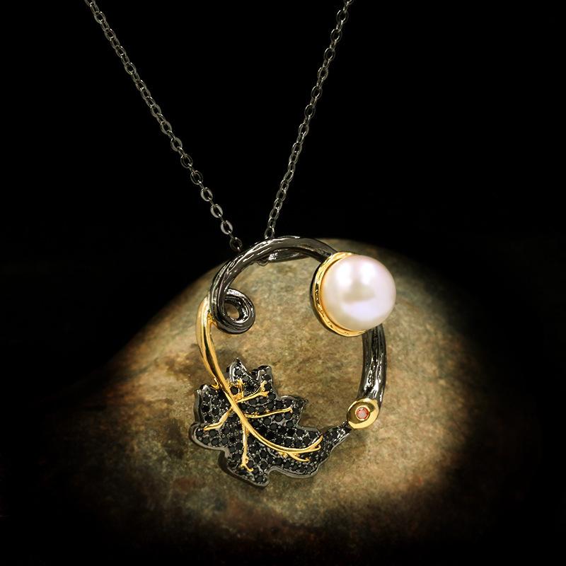 Niche Pearl Pendant Drape Necklace Female Long Black Gold Freshwater Design Two-Color Necklace Versatile Copper