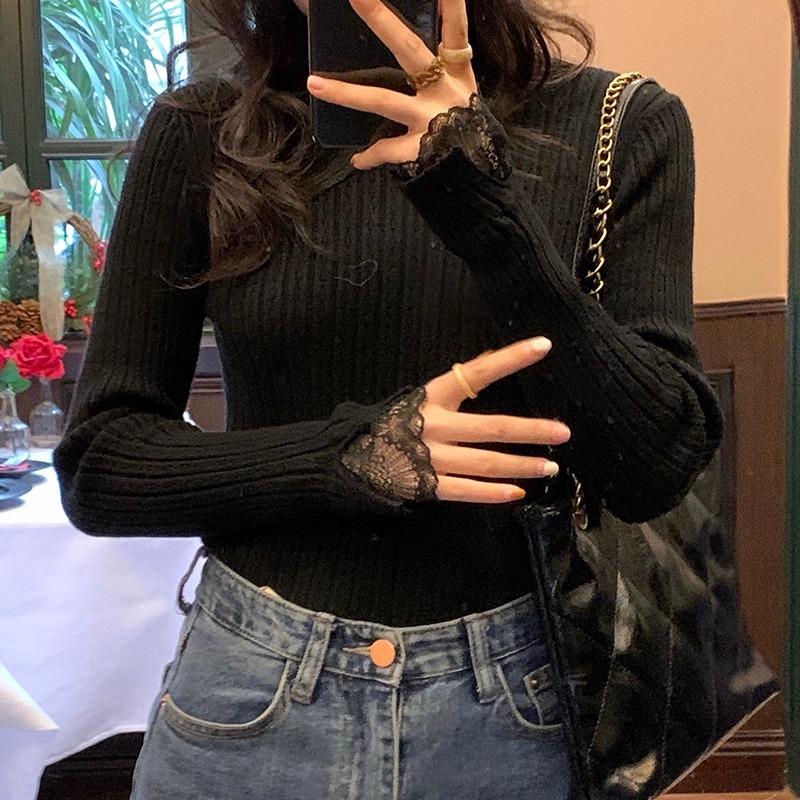 Women Lace Splicing Autumn Winter Sweater Solid Color Ruffled Stand Collar Knit Sweaters Loose Fit Casual Pullover Elegant Fashion Slim Fit Clothing
