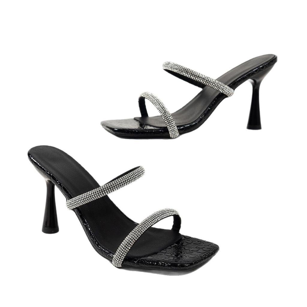 2025 summer new wind one-word rhinestone women's large size thin heel square head cool slippers