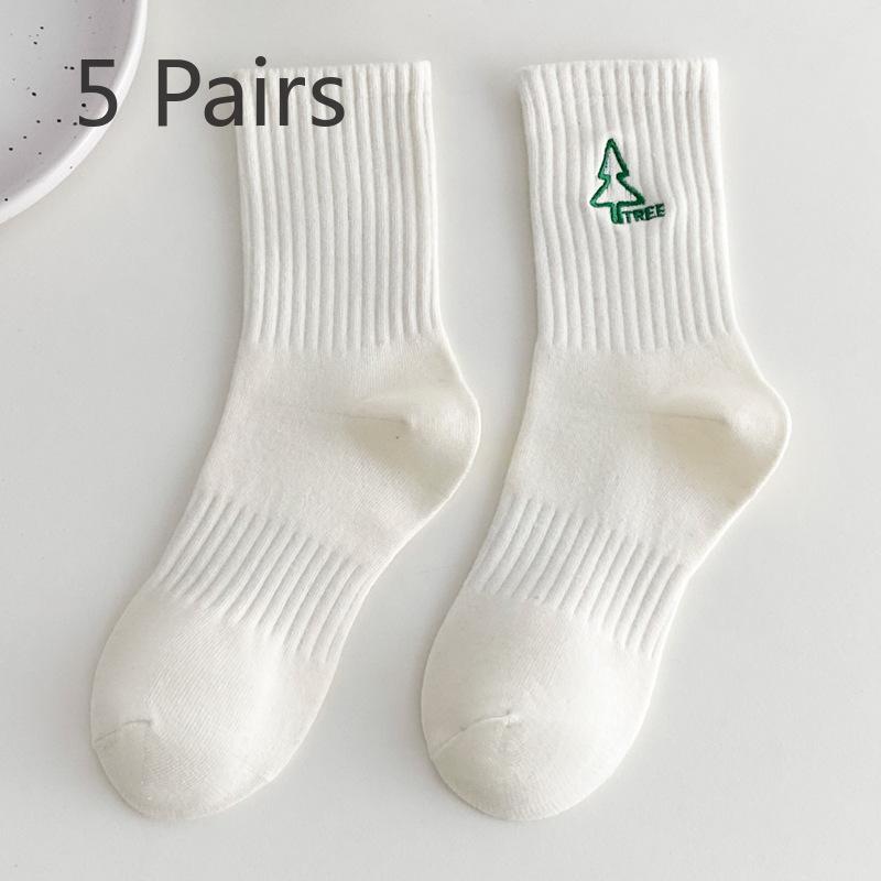 5 Pairs of Female Spring and Summer New Trend Cartoon Embroidery Absorbs Sweat In The Sport Tube Socks