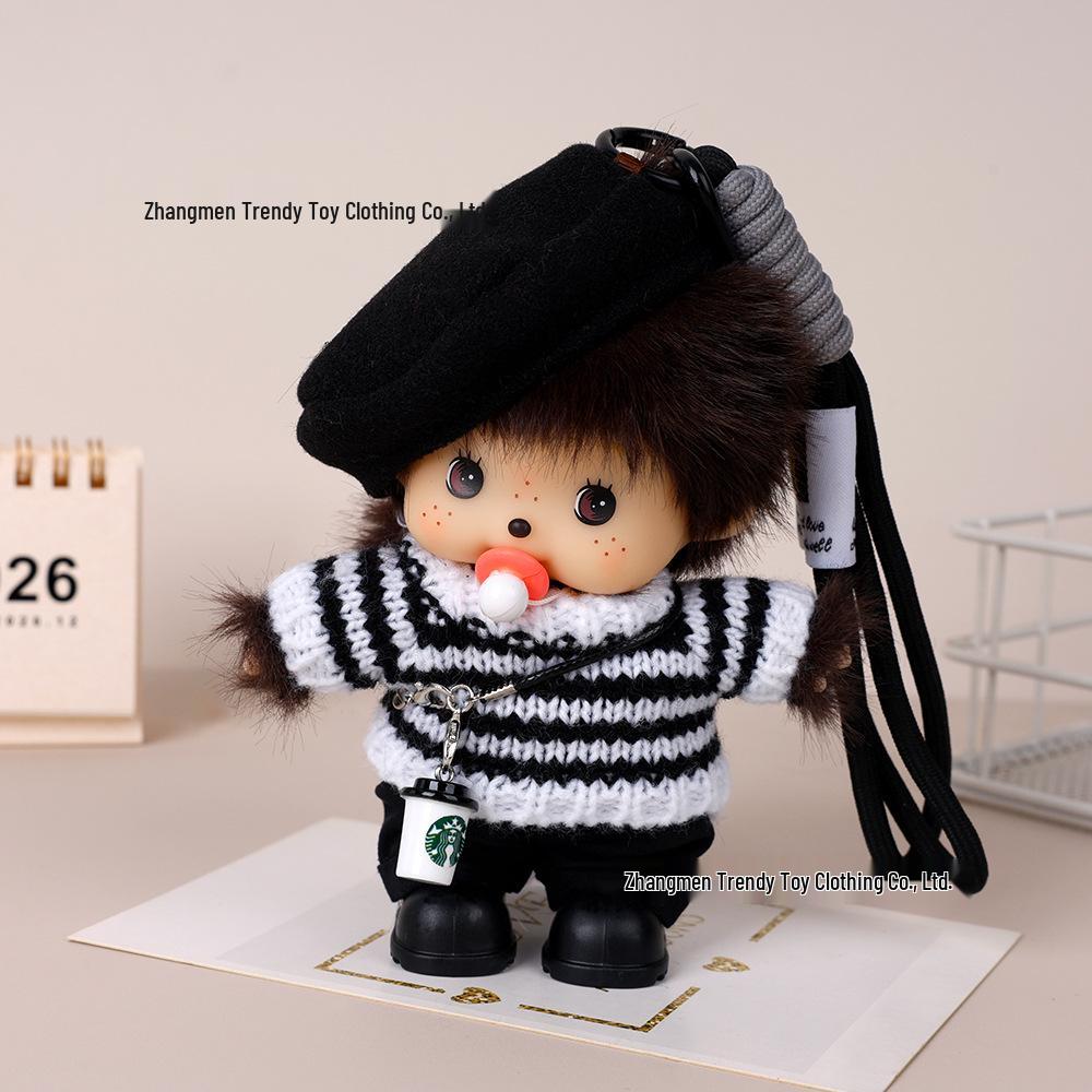 Monchhichi Doll Bag Charm with Beret & Sweater Set - Plush Toy Birthday Gift Monchhichi Set чёрный