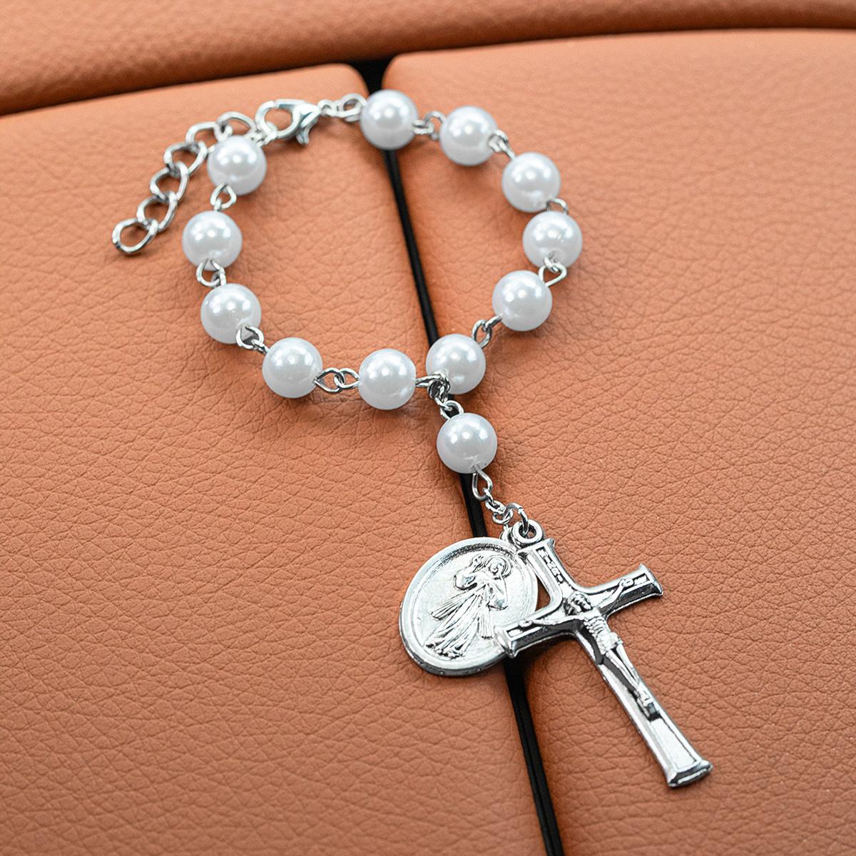 

Imitation Pearl Rosary Steering Wheel Pendant, Alloy Cross Charm, Catholic Car Safety Hanging Ornament, Interior Car Decoration