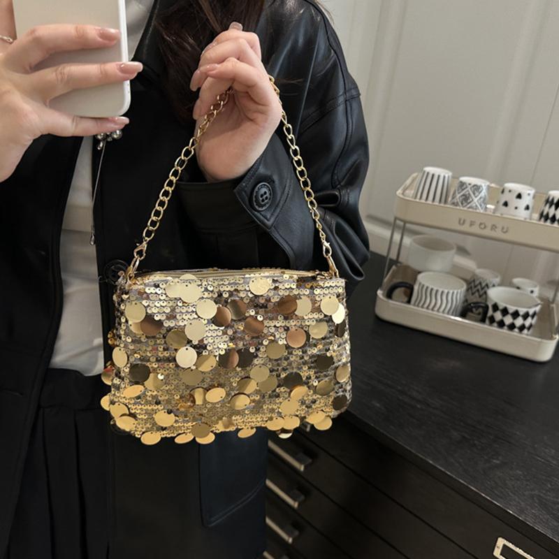 Sequin Evening Party Shoulder Bag for Women Lightweight Chain Crossbody Bag Solid Color Casual Female Handbag Fashion Trendy