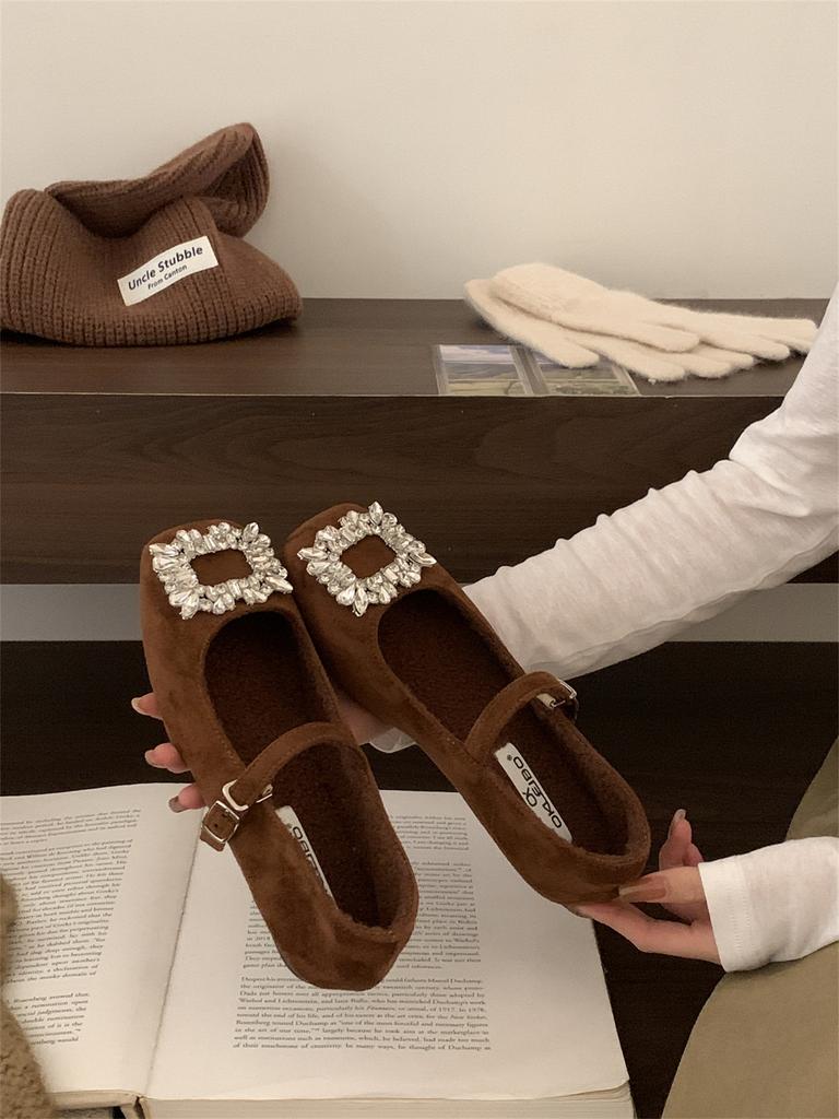Women's Temperament Mary Jane Shoes Women's Velvet French Evening Breeze Square Head Rhinestone Woolen Shoes Women's Winter Flat Shoes