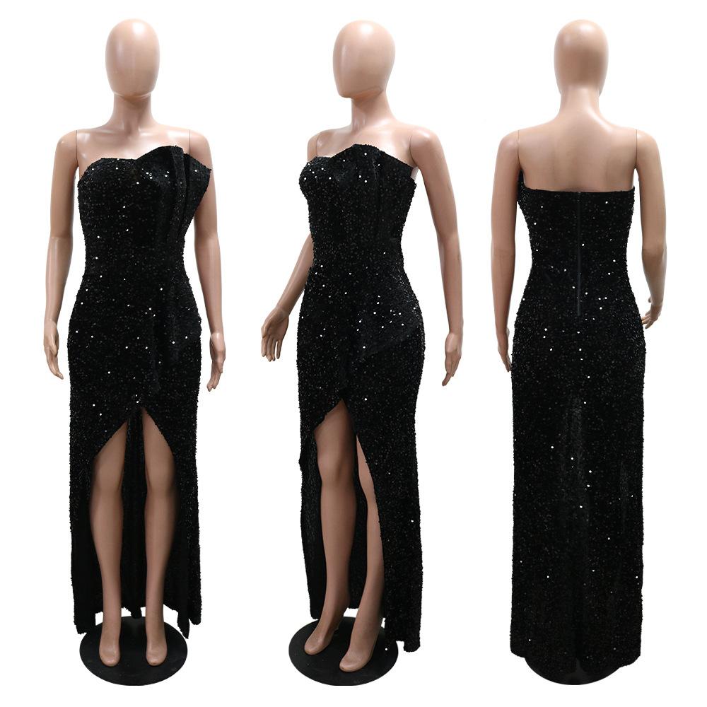 Women's Sequined Evening Dress Sexy Strapless Irregular Dress