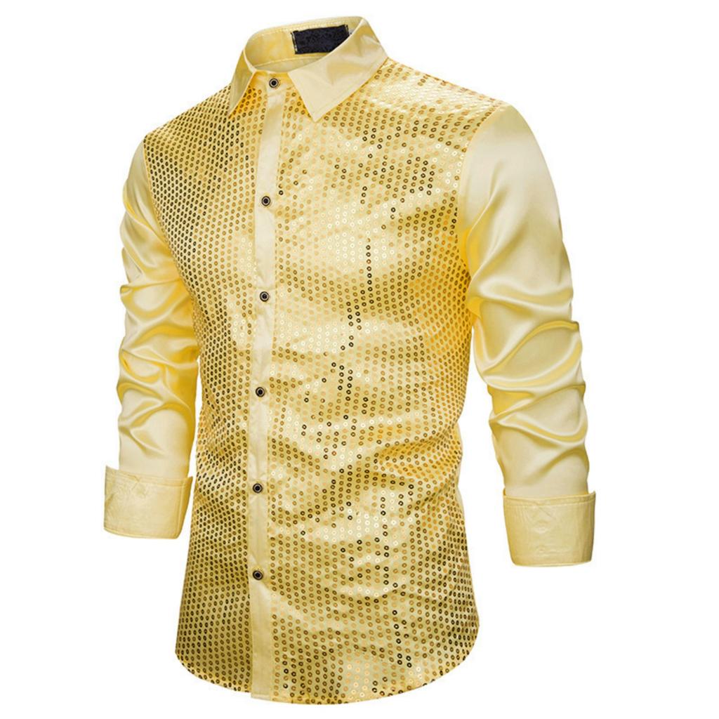 Men's Casual And Fashionable Lapel Gold-embossed Sequined Top, Men's Lapel Long-sleeved Button-down Shirt