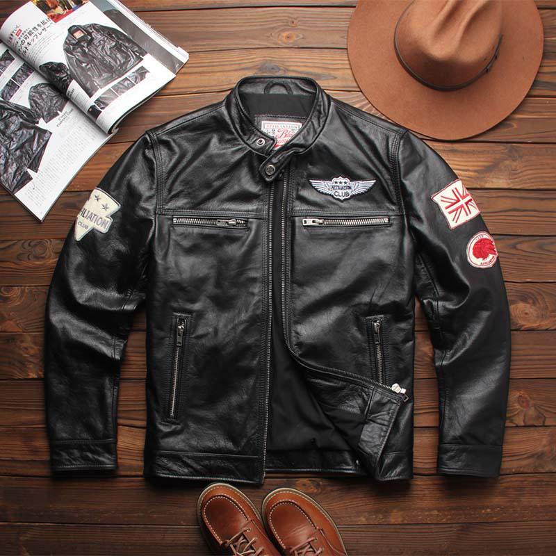 

Spring & Autumn European-American Genuine Leather Embroidered Slim Fit Stand Collar Motorcycle Jacket 4XL чёрный