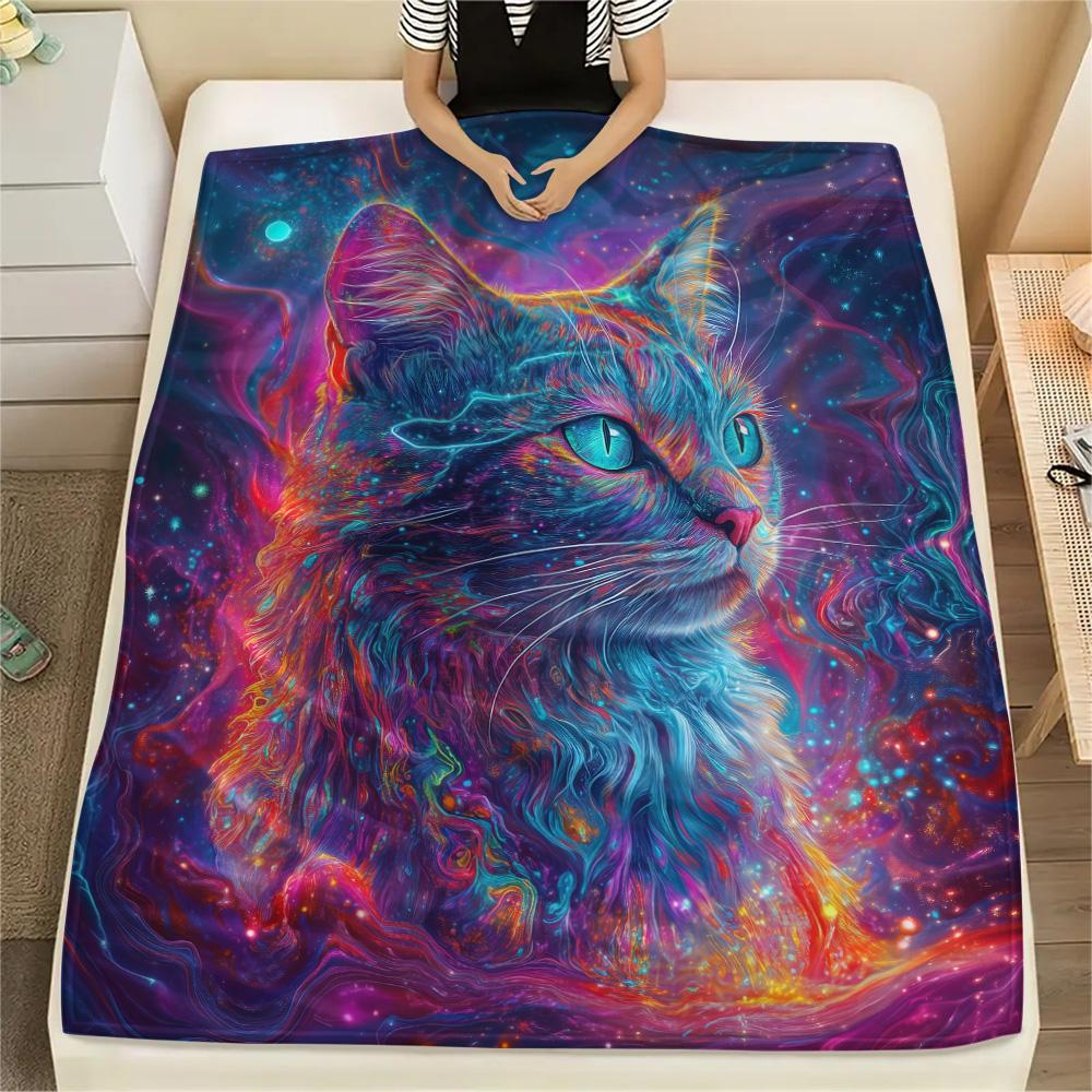 Neon Cats  Print Flannel Blanket, High quality Comfortable for All Seasons, Home Decor, Warmth and Comfort