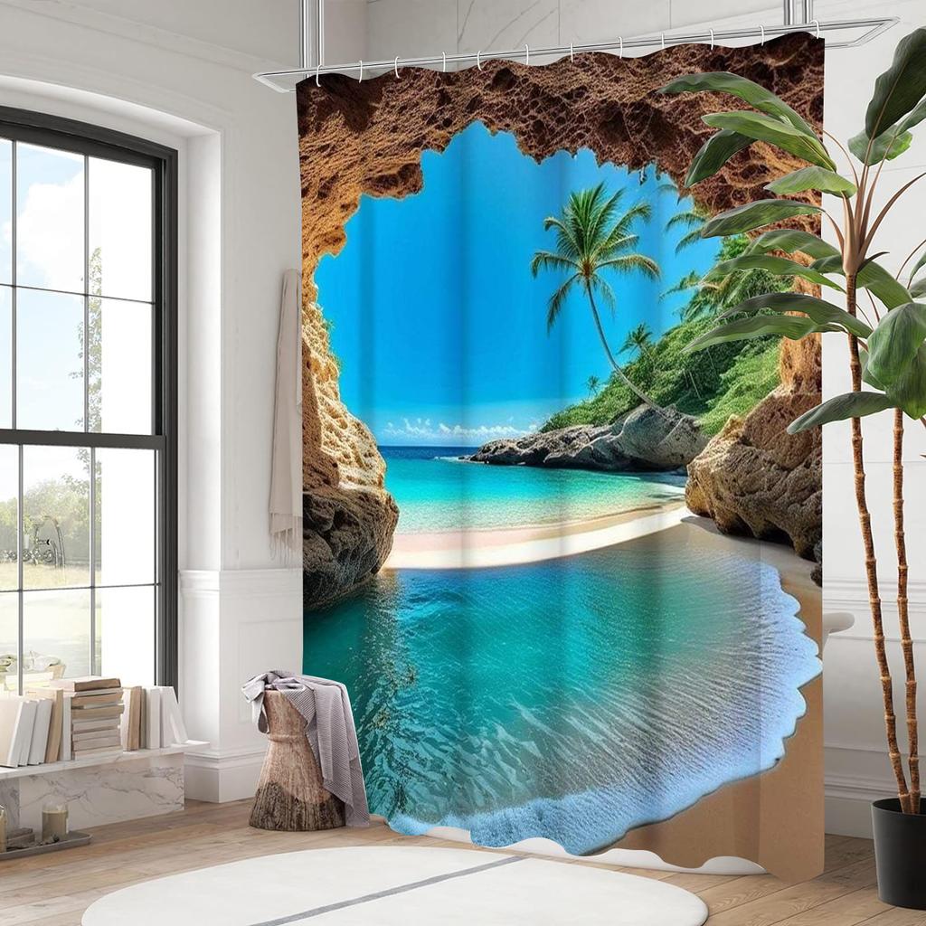 Beach  Bathing Curtain  Bathroom Letters Shower Curtain Waterproof With 12 Hooks Fishes Home Deco Free Ship