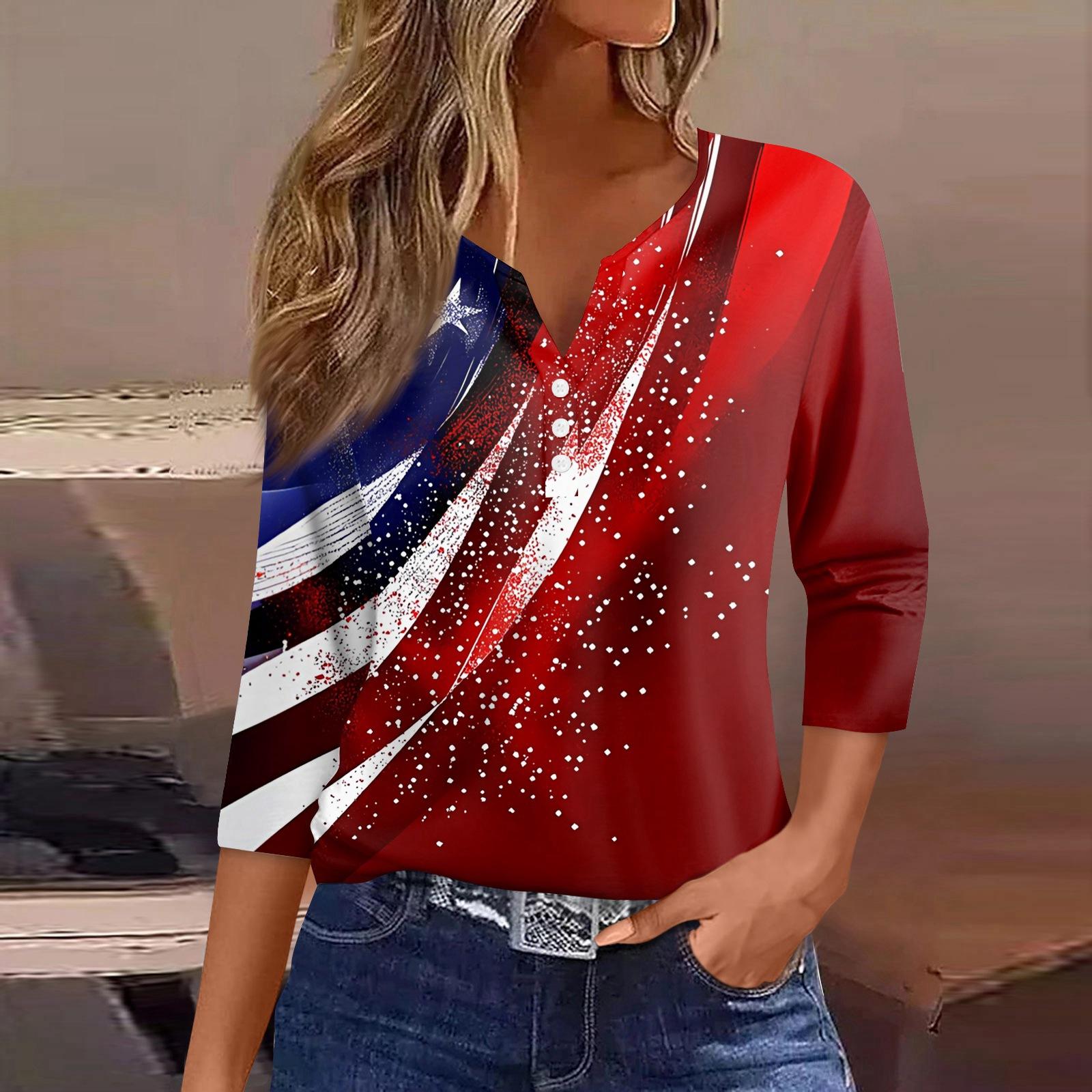 

Women s T Shirt Independence Day Print Button 3/4 Sleeve Daily Weekend Fashion Basic V- Neck Regular Top XL винний