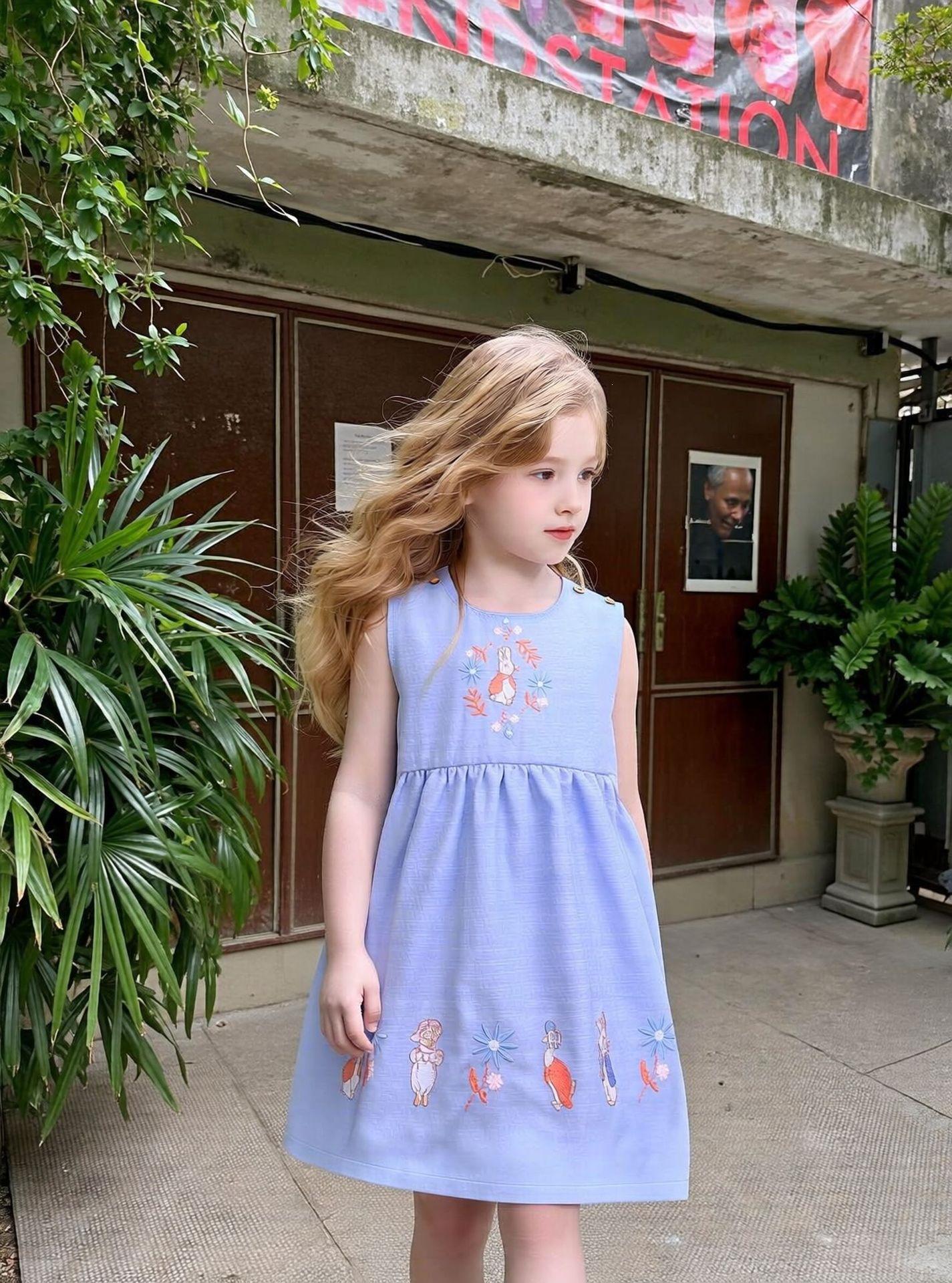 Girls Sleeveless Summer Dress with Cute Cartoon Embroidery 90