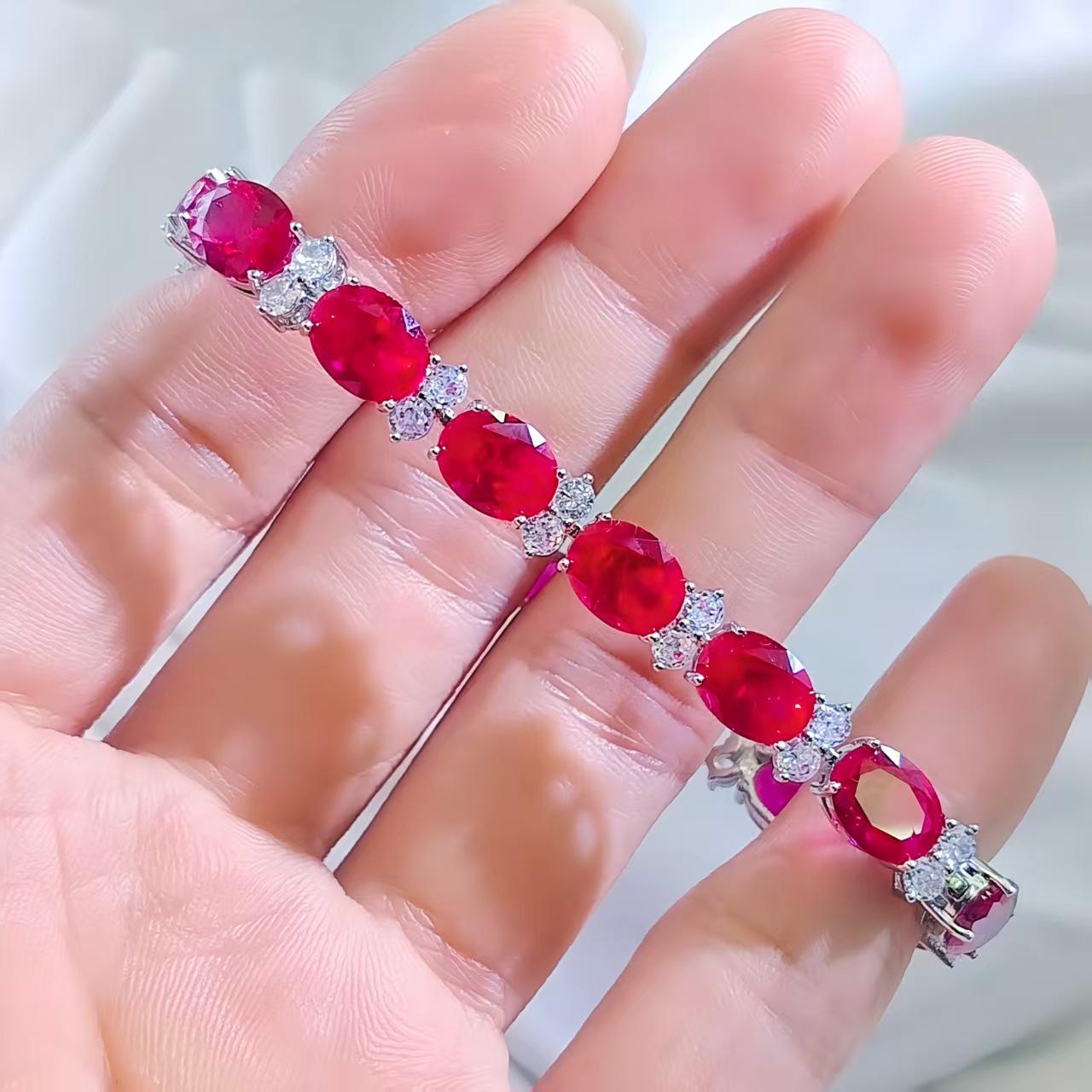 Women s Trendy Ruby, Blue Spinel, and Red Corundum Gemstone Bracelet Silver-Plated Copper