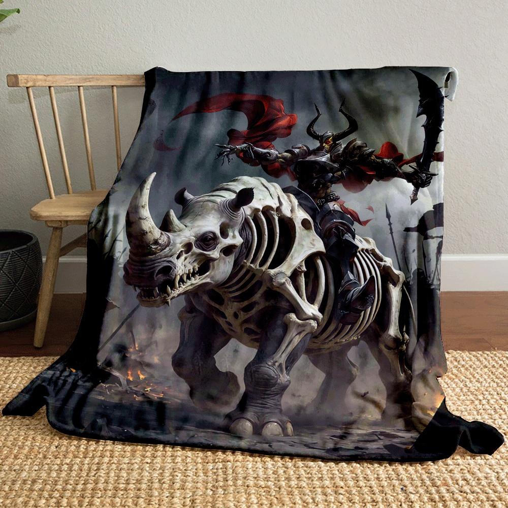 A skeletal rhino ridden by an armored figure with horns and a red cape. for all seasons blanket lunch break throw gift