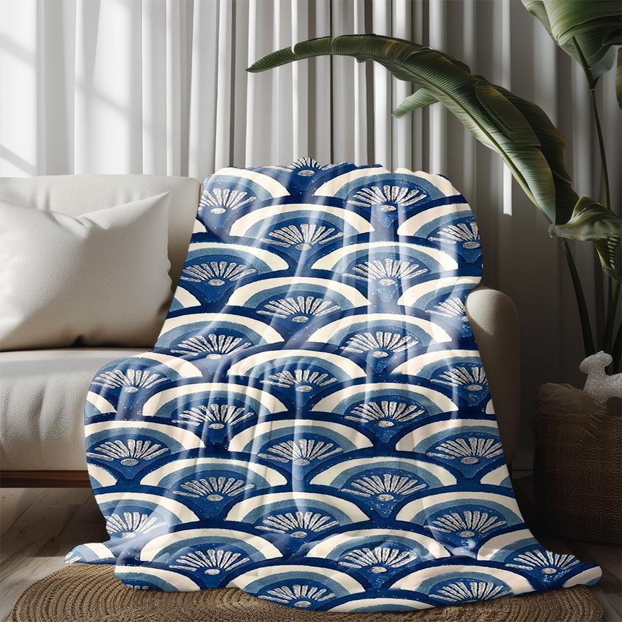 Blue Fan Pattern Microfiber Flannel Cover Blanket Bedroom Living Room Sofa Soft And Comfortable Home Decoration