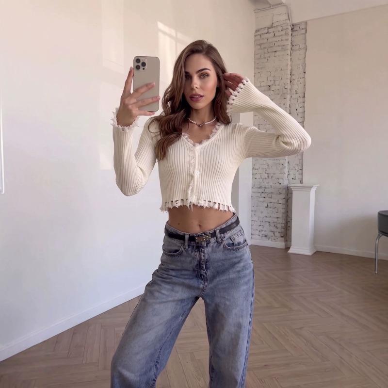 Women S Slim Fit V Neck Frayed Cropped Long Sleeve Knit Cardigan