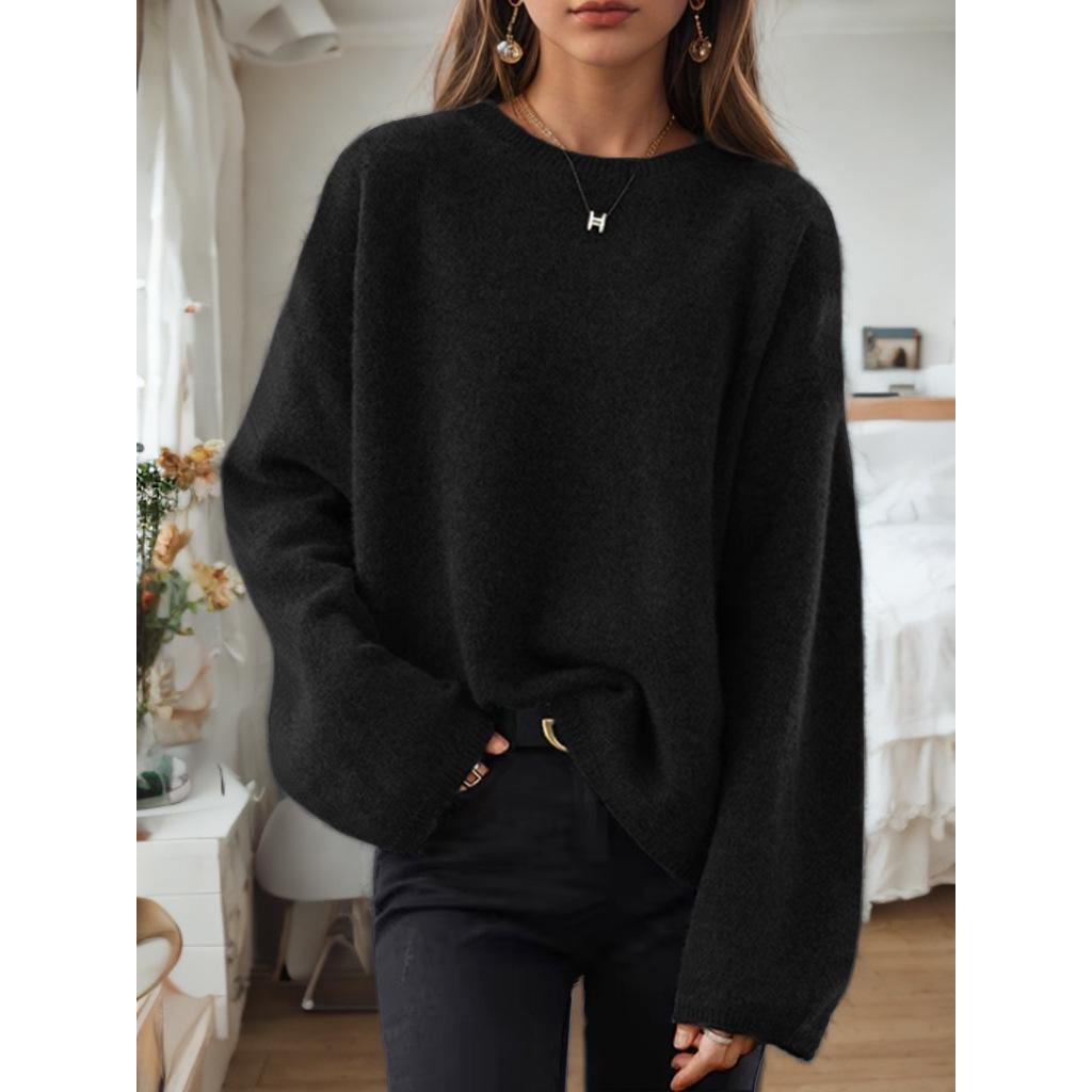 2026 Autumn/Winter Women's Loose Fit Drop Shoulder Knit Pullover Sweater - Solid Color
