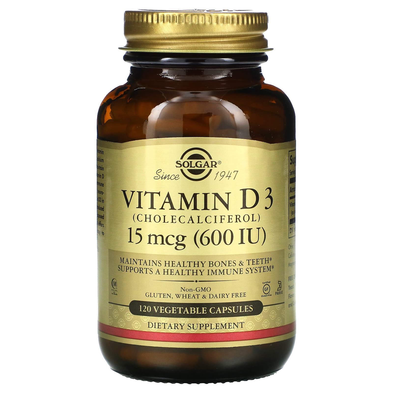 

Solgar, Vitamin D3 (Cholecalciferol), 15 mcg (600 IU), 120 Vegetarian Capsules