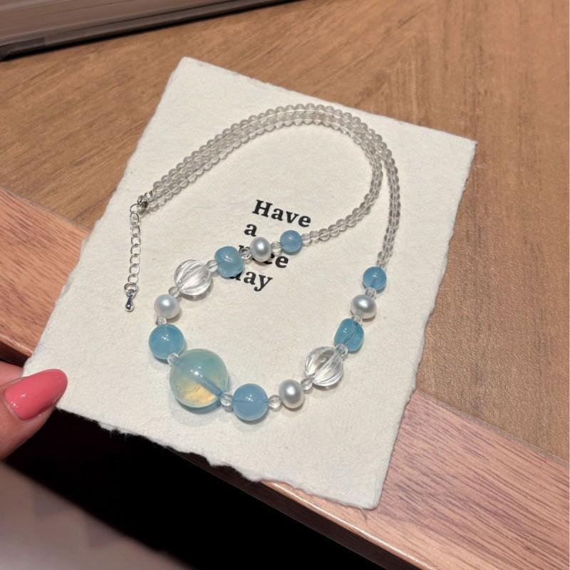 Handmade Natural Aquamarine Clear Quartz Choker Necklace Women Stylish Layering Jewelry